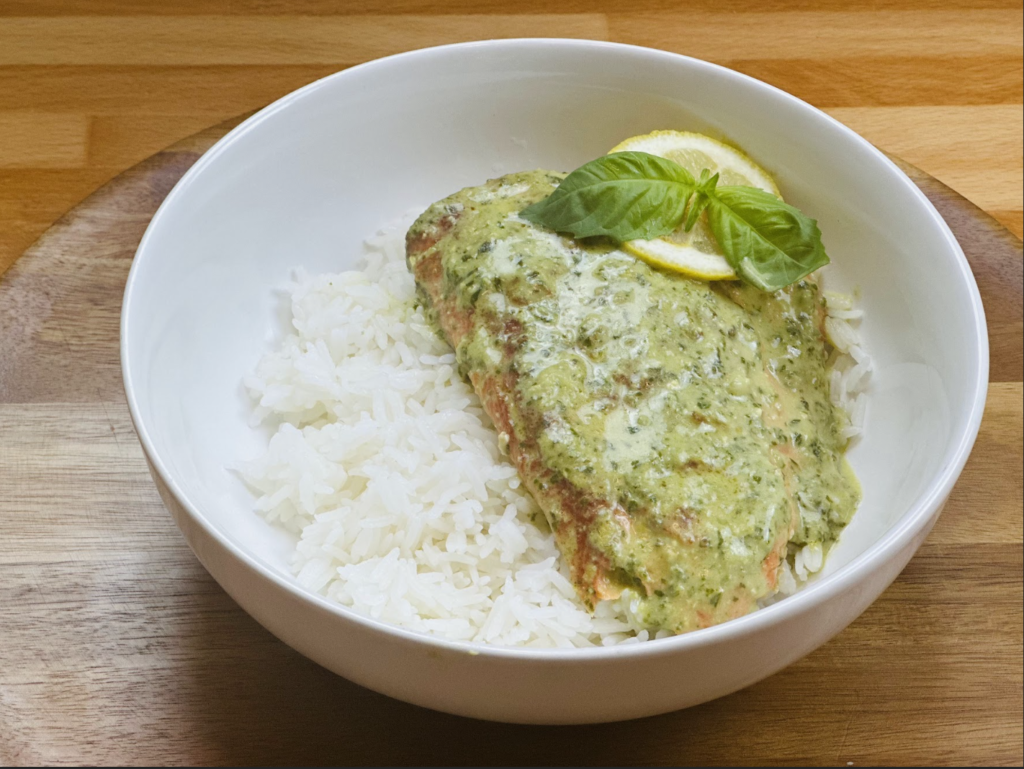 Pesto salmon over rice